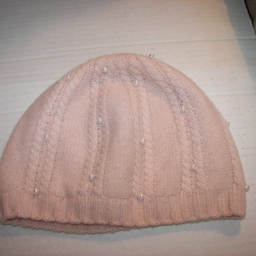 Unbranded women's faux pearl beaded pink cashmere cable knit beanie